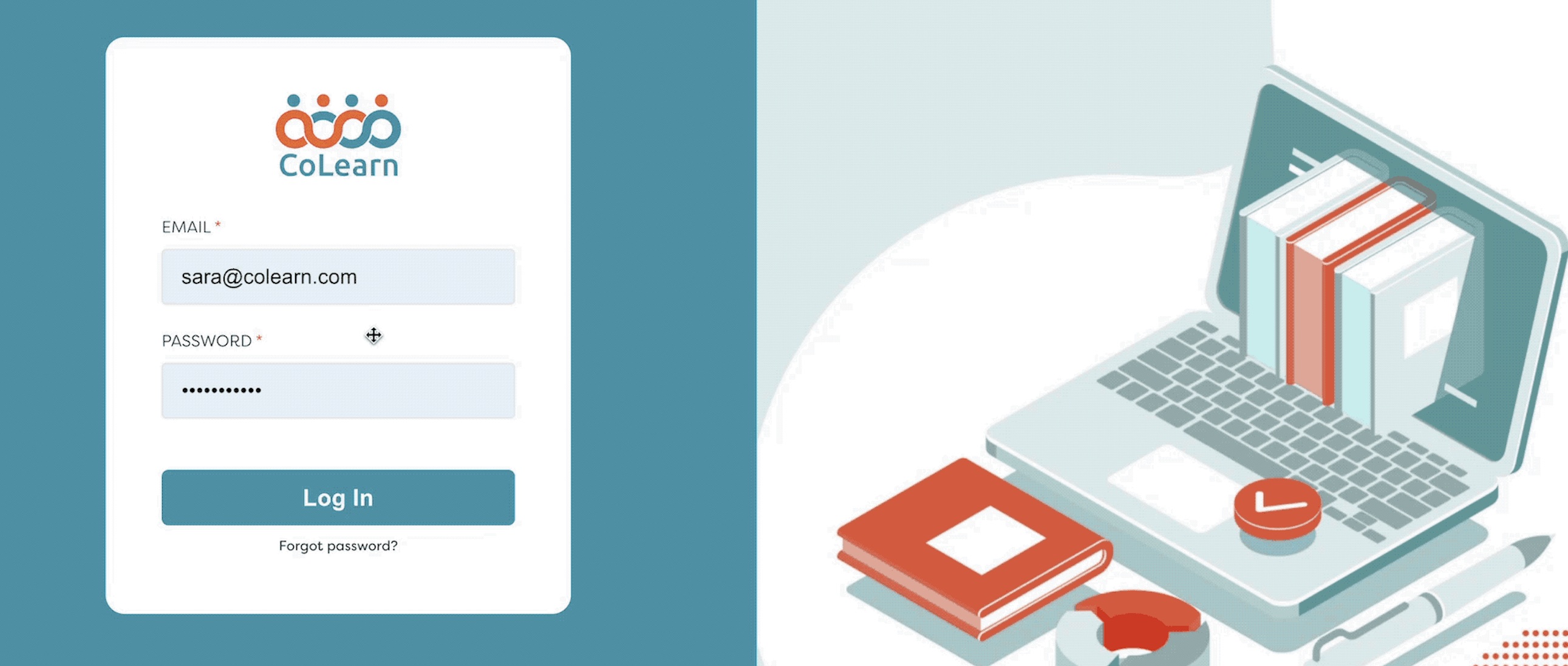 CoLearn login screen showing a login form on the left with the CoLearn logo and fields for email and password, and an illustration on the right of a laptop with books, a notebook, a pen, and a clock, conveying a welcoming and organized online learning environment. The text CoLearn appears above the login form. The overall tone is friendly and professional.