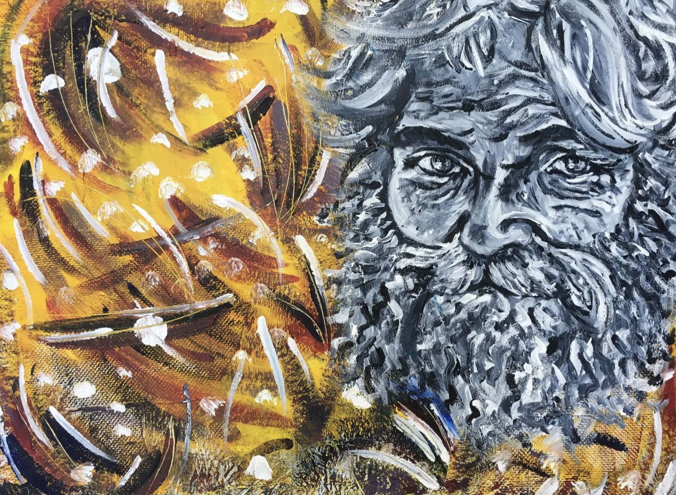 Abstract portrait with bold, expressive brushstrokes in dark and vibrant colors; facial features emerge from a textured background of yellow, green, and purple. The surrounding environment is energetic and layered, conveying a sense of introspection and emotional intensity. No visible text appears in the artwork.