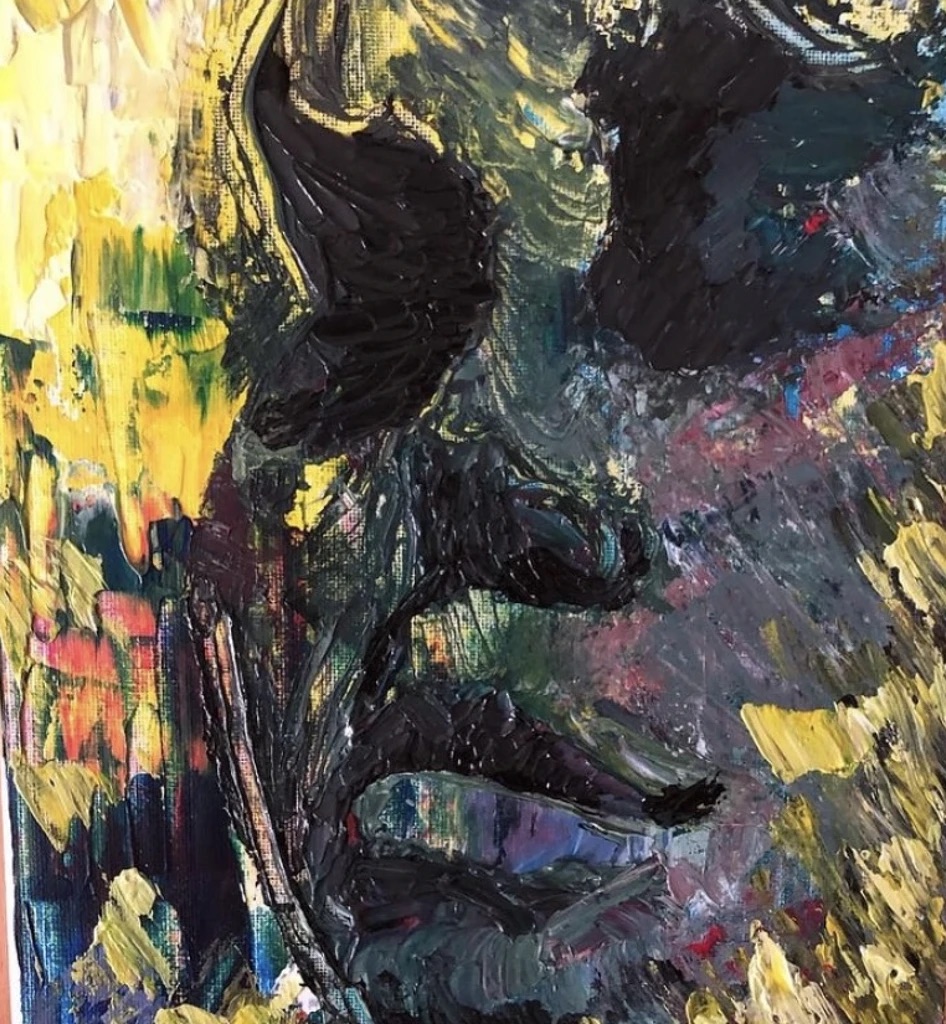 Abstract portrait with bold, expressive brushstrokes in dark and vibrant colors; facial features emerge from a textured background of yellow, green, and purple. The surrounding environment is energetic and layered, conveying a sense of introspection and emotional intensity. No visible text appears in the artwork.